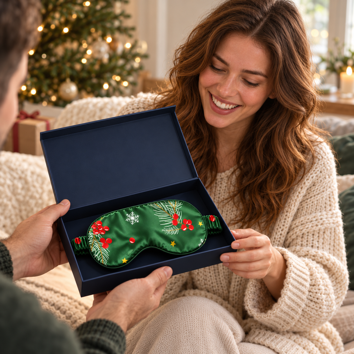 Schlafmaske mit Weihnachtsmotiv in dunkelblauer Geschenkbox zum Verschenken – Silksein