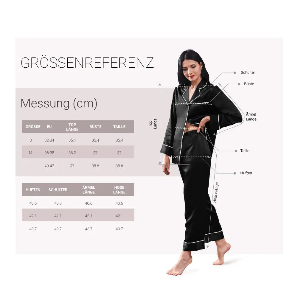 Seidenpyjama 100% Reine Seide ab Schweizer Lager mit langen Hosen und Hemd für Damen Schwarz