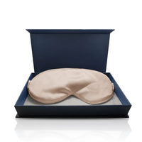 Beige Schlaf-Seidenmaske aus Seide in blauer Verpackung für angenehmen Schlaf