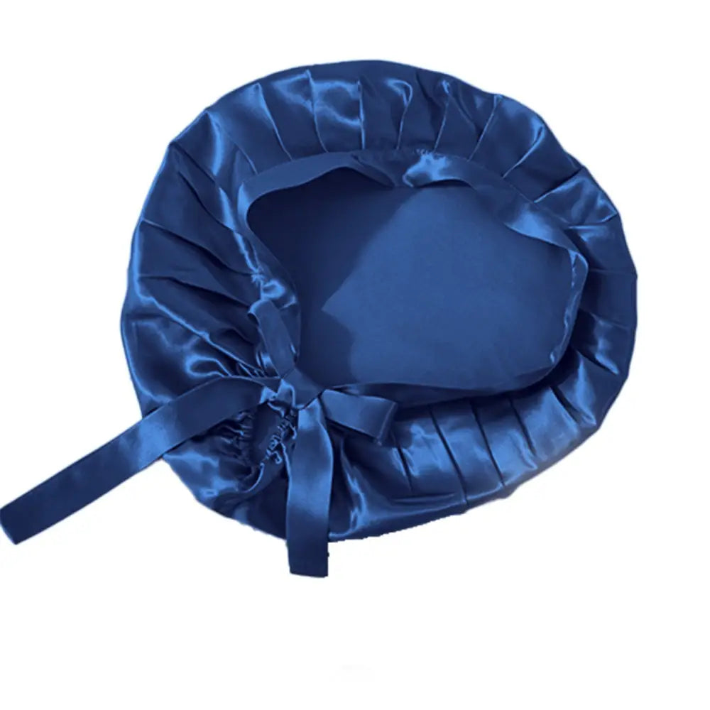 Blaue Seidenhaube mit Bändern und Bindeschleifen für schonendes Haarstyling