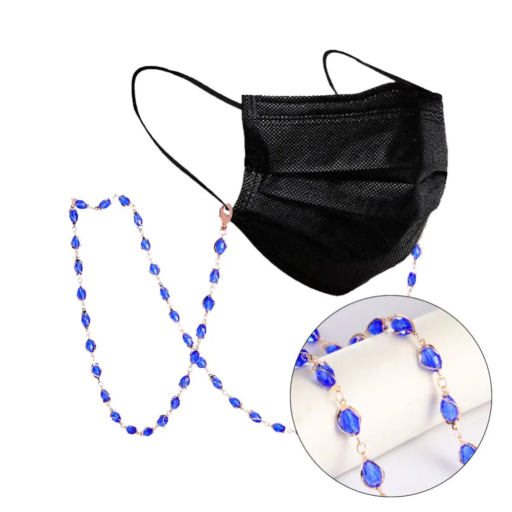 Schwarze Gesichtsmaske mit blauer Perlenkette für Brille, Elegant und stylisch