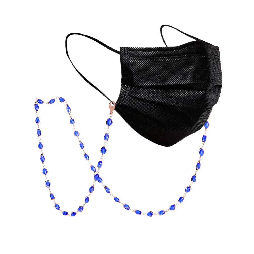Schwarze Gesichtsmaske mit blauer Perlenkette, passend zur Brillenkette Blaue Rose