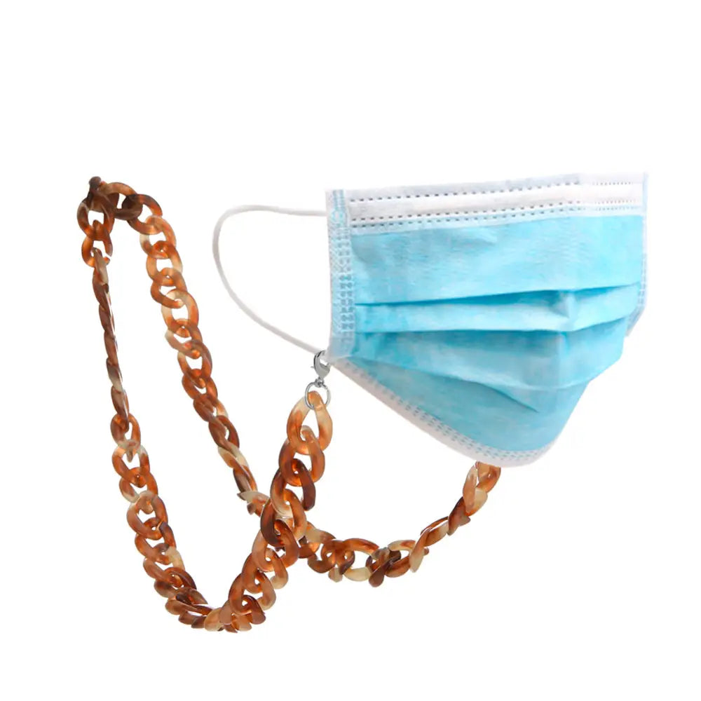 Blaue chirurgische Maske mit braunem Kettenhalsband für Brille heller Bernstein