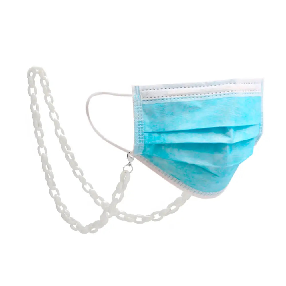 Helleweiße Brillenkette mit blauer chirurgischer Maske und Weißkette
