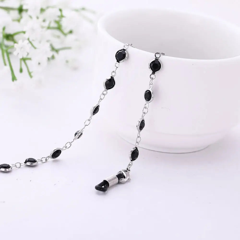 Silberne Brillenkette mit schwarzen Steinen für Brillen, modisches Accessoire