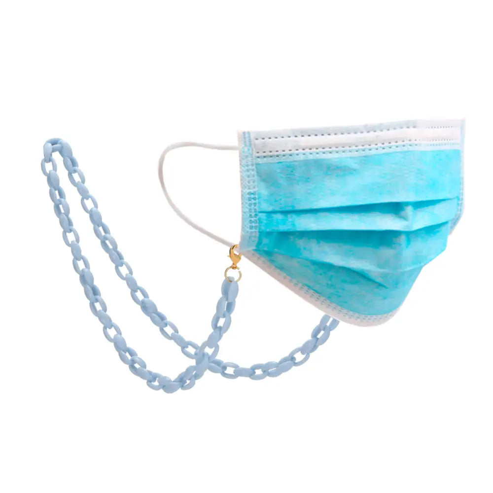 Himmelblaue Brillenkette mit blaulockerem Maskenband für sicheren Halt