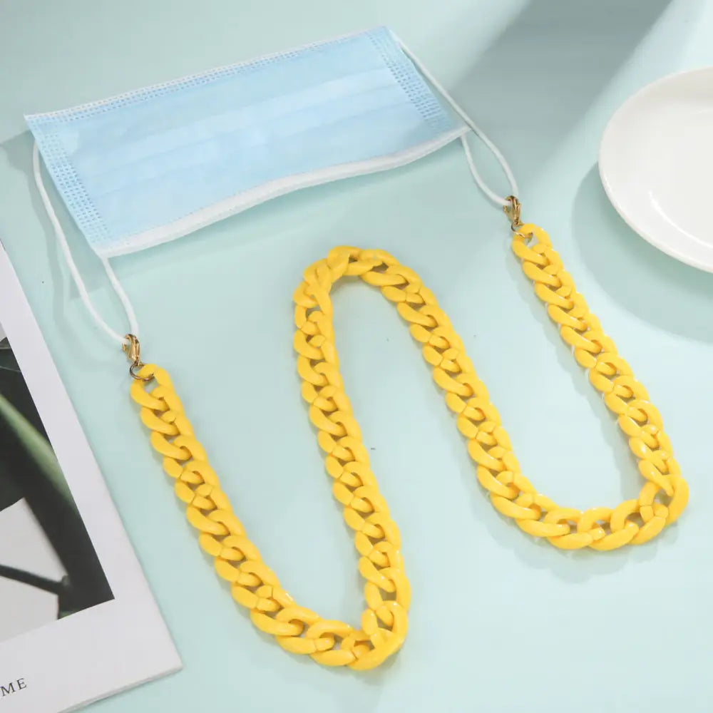 Blauer Gesichtsschutz mit gelbem Kettenhalsband für Brille, Brillenkette Halskette halter