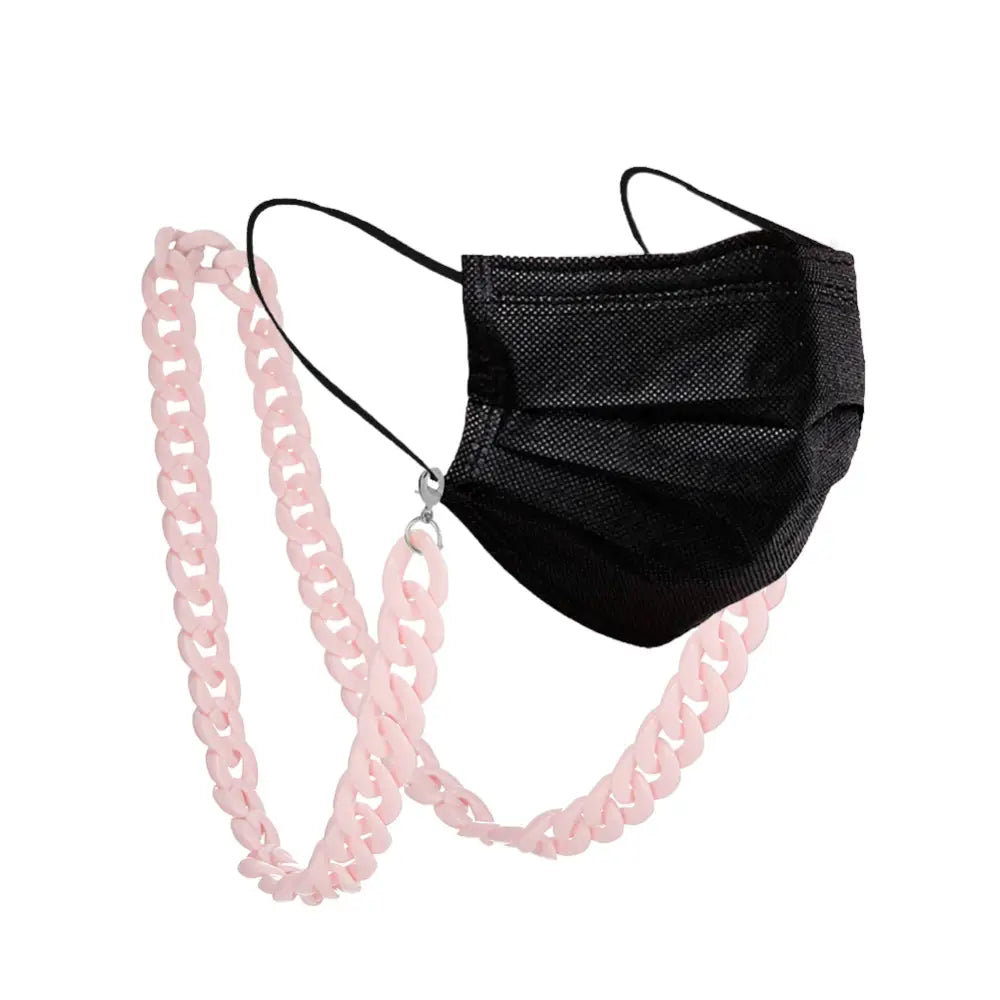 Schwarze Gesichtsmaske mit pinker Kette für Brille, Brillenkette Halskette halter