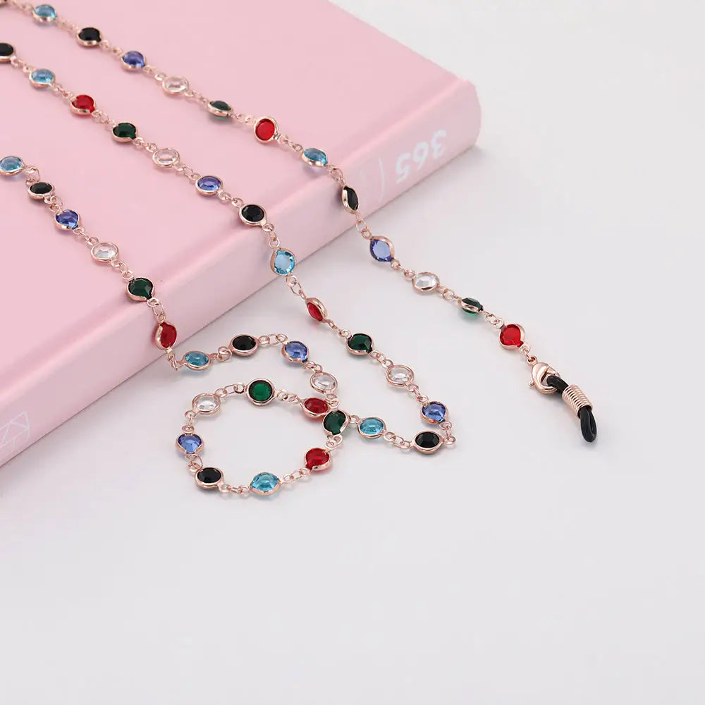 Bunte Edelstein-Glaskette für Brille mit Halter in Roseoptik elegante Brillenkette