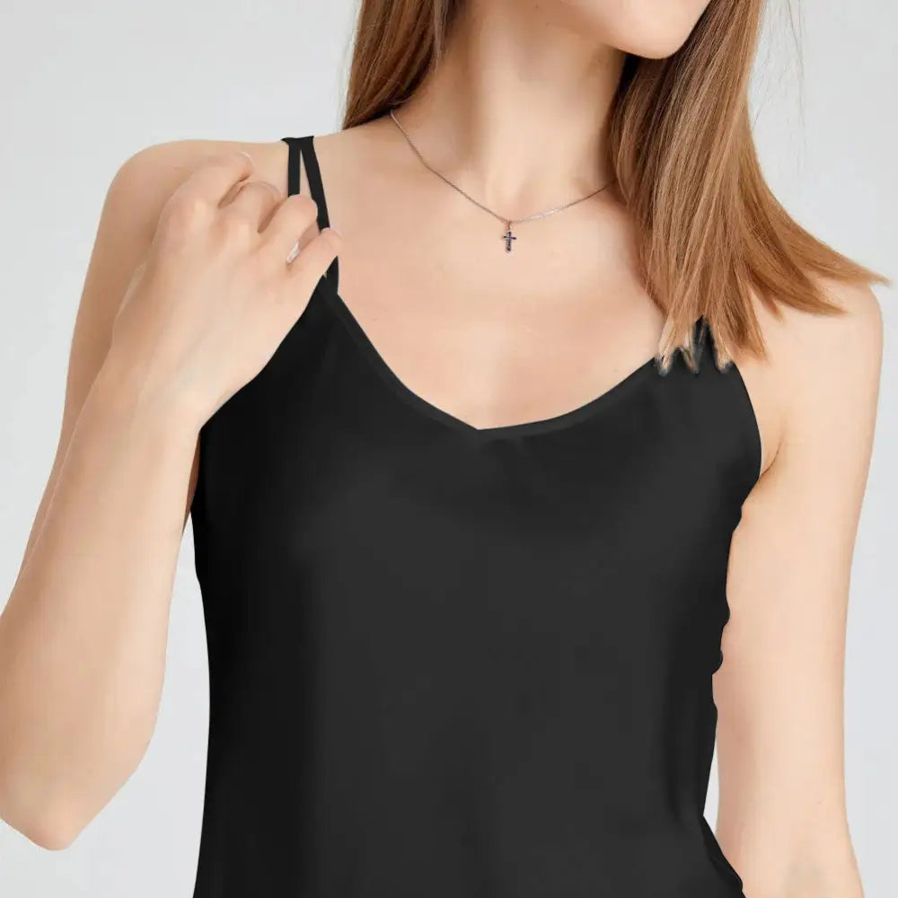 Elegante schwarze Seidentanktop mit V-Ausschnitt, Damenmode, feine Stoffqualität