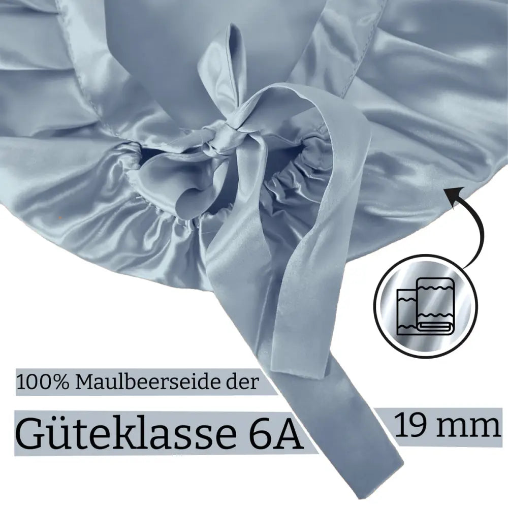 Hellblaue Seidenhaube - Schlafmütze aus Seide mit Bändern