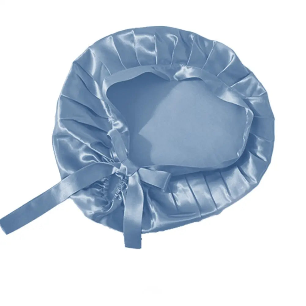 Hellblaue Seidenhaube mit Bändern, satin Haarbonnet für sicheren Schlaf