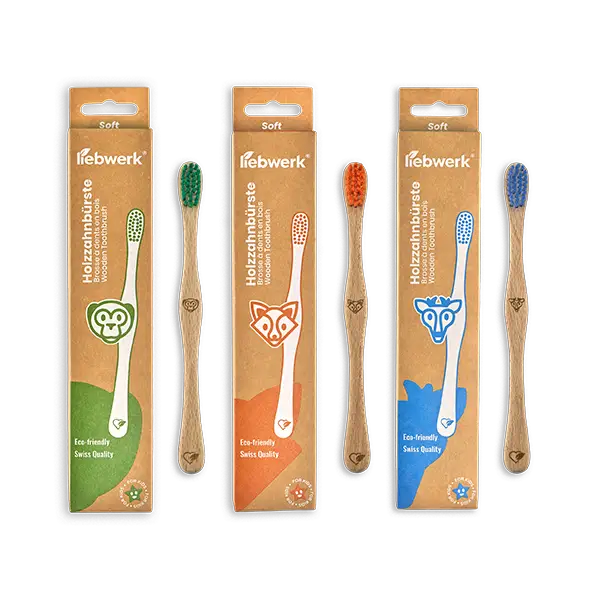 Ecofreundliche Holz-Zahnbürsten in Verpackung für Kinder Zahnbürste soft Liebwerk