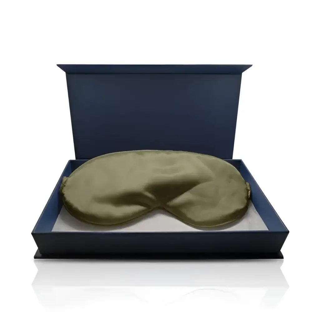 Olive grüne Schlafmaske in blauer Box, Olive Schlaf-Seidenmaske