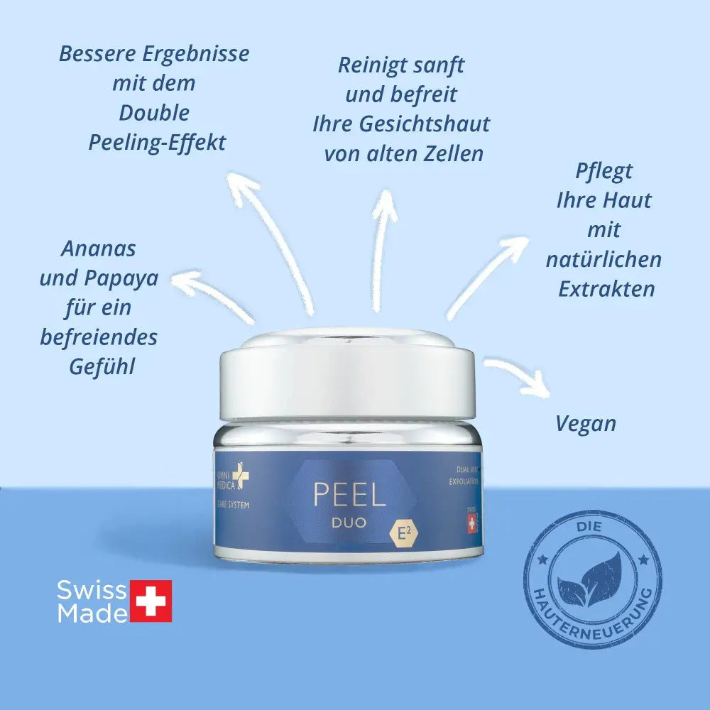 Peel Duo Hautpflegeprodukt auf weißem Hintergrund, dermatologisch getestet