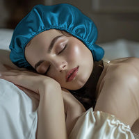 Satin Schlafhaube Pfauenblau Seidenhaube mit Gummiband für gesunden Schlaf