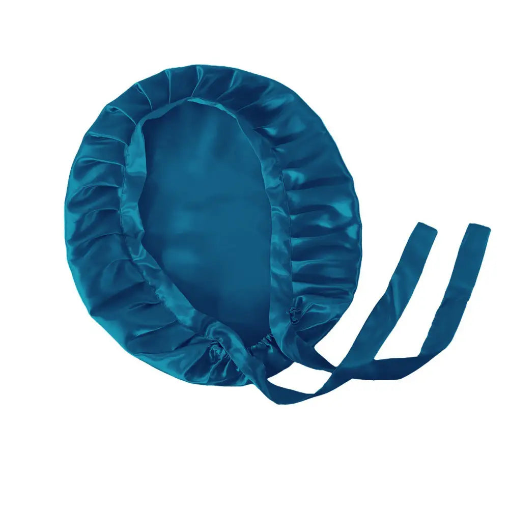 Pfauenblaue Seidenhaube aus Satin mit Bändern für Schlafkomfort