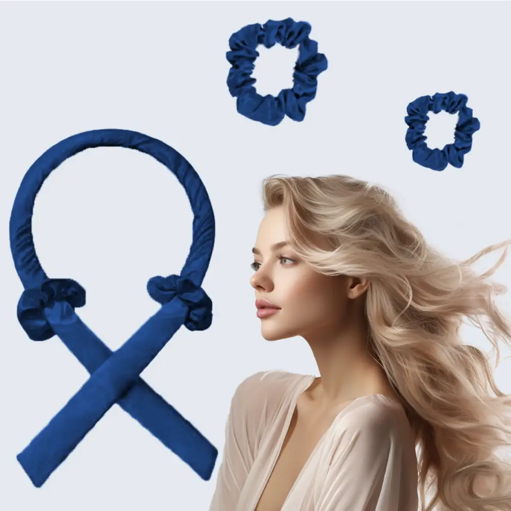 Blaue Satin Haarklammer und Haargummis im Premium Seiden Lockenset Blau