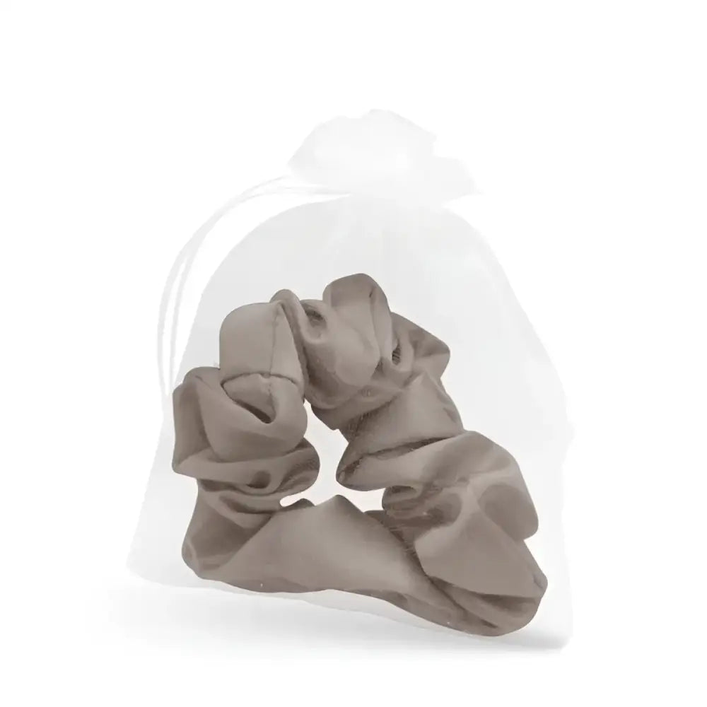 Taupe Satin Haargummi in transparenter Tasche für Seiden-Scrunchie Beige