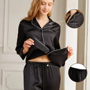 Schwarze Seidenpyjamas mit weißen Paspeln, Damen, langes Hosen- und Hemd-Set