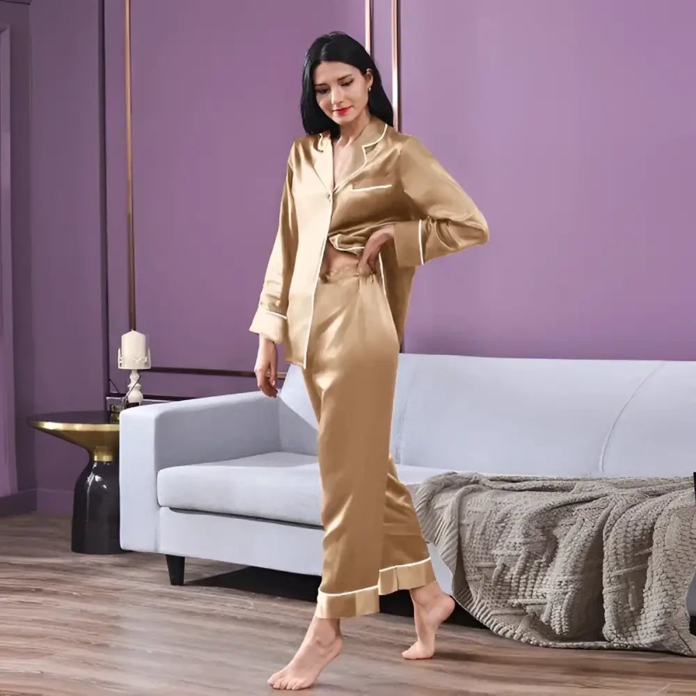Goldsilk Pyjama Set für Damen aus 100% reiner Seide in Beige, zweiteilig