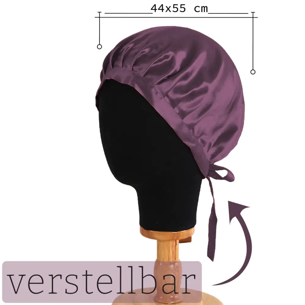 Violette Seidenhaube mit Bändern, lila Satin Bonnet mit langen Bändern