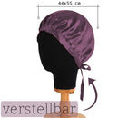 Violette Seidenhaube mit Bändern, lila Satin Bonnet mit langen Bändern